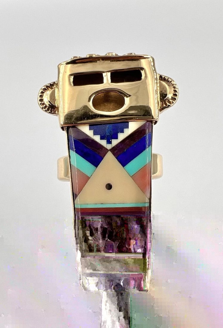 RARE ZUNI 14K YELLOW GOLD WEBBED TURQUOISE & CORAL & LAPIS YEI KACHINA RING 1.5" (1 of 2)