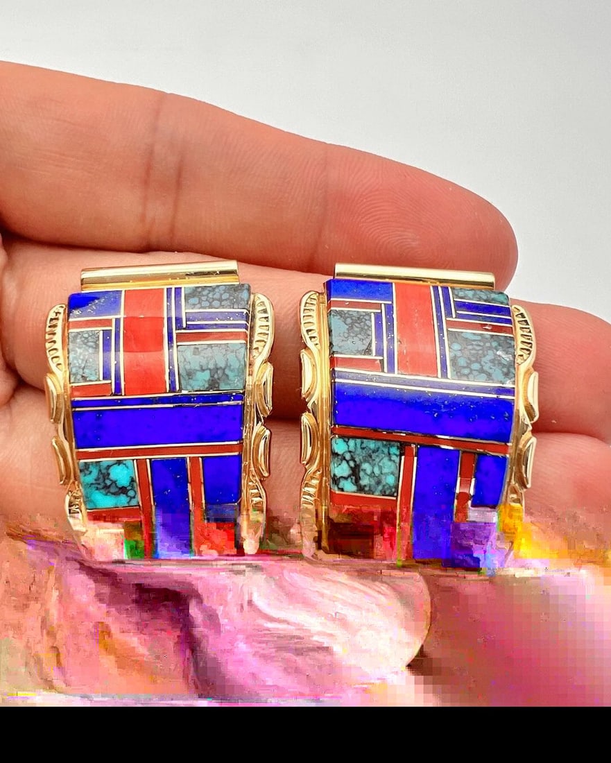 N WALLEY NAVAJO 14K YELLOW GOLD SPIDERWEB TURQUOISE CORAL LAPIS WATCH TIPS 21.7G (1 of 2)