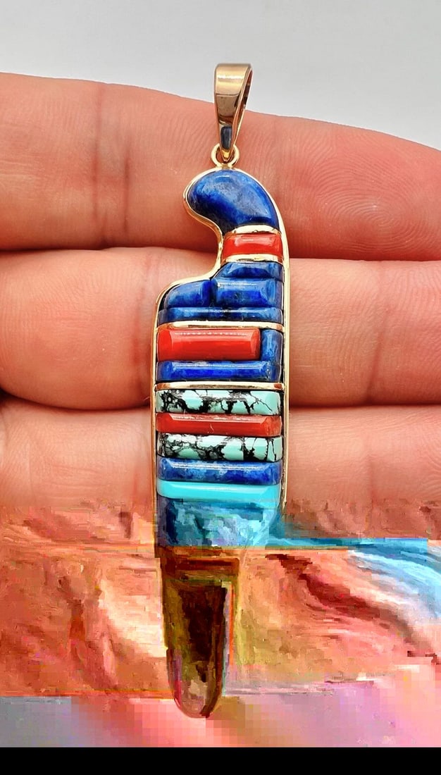 VTG NAVAJO 14K YELLOW GOLD TURQUOISE CORAL LAPIS COBBLESTONE INLAY PENDANT 2.75": VTG NAVAJO 14K YELLOW GOLD TURQUOISE CORAL LAPIS COBBLESTONE INLAY PENDANT 2.75" Vtg Navajo 14k Yellow Gold Turquoise Coral Lapis Cobblestone Inlay Pendant 2.75" Size: 2 3/4" Tall With Bail & 5/8" At 