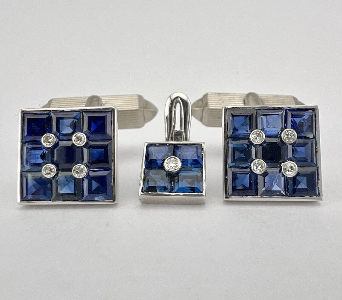 VINTAGE 18K WHITE GOLD 3.78TCW INVISIBLE SET SAPPHIRE & DIAMOND STUD & CUFFLINKS (1 of 2)
