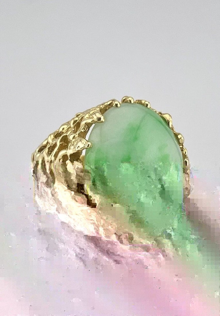 VTG MODERNIST BRUTALIST 18K YELLOW GOLD CABOCHON APPLE GREEN JADE RING 14.7G (1 of 2)