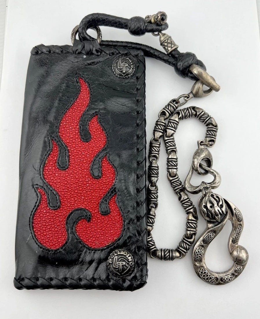 DENIS POLLICINO LT STERLING SILVER FLAMES BIKER WALLET CHAIN LEATHER STINGRAY (1 of 2)