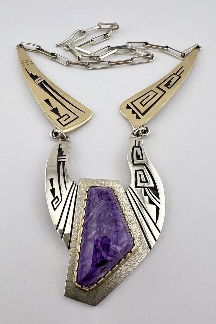 RARE PHILBERT POSEYESVA HOPI STERLING SILVER 14K GOLD CHAROITE OVERLAY NECKLACE (1 of 2)