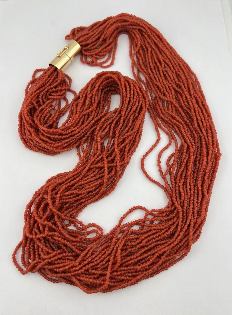 14K YELLOW GOLD MEDITERRANEAN RED CORAL 29 STRAD WATERFALL NECKLACE 163G - 30.5" (1 of 2)