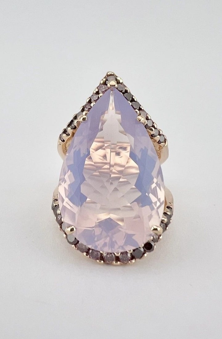 FINE 14K ROSE GOLD 21.80CT LAVENDER QUARTZ & 1.32CT PURPLE DIAMOND TEARDROP RING: FINE 14K ROSE GOLD 21.80CT LAVENDER QUARTZ & 1.32CT PURPLE DIAMOND TEARDROP RING Fine 14k Rose Gold 21.80ct Lavender Quartz & 1.32ct Purple Diamond Teardrop Ring Ring Size: 7.5 - Can Be Sized Without 