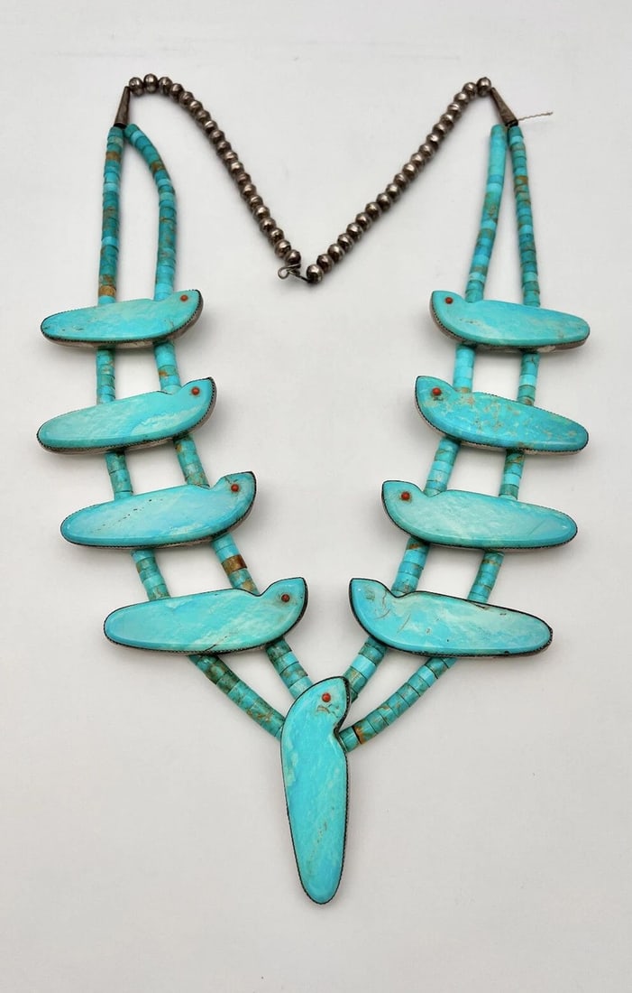 AVA MARIE CORIZ SANTO DOMINGO KEWA TURQUOISE HEISHI STERLING BIRD NECKLACE 32": AVA MARIE CORIZ SANTO DOMINGO KEWA TURQUOISE HEISHI STERLING BIRD NECKLACE 32" Massive Vtg Ava Marie Coriz Santo Domingo Kewa Rolled Turquoise Heishi Sterling Silver Carved Bird Squash Blossom Necklac