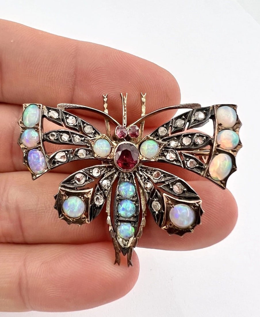 ANTIQUE 1850 VICTORIAN ROSE CUT DIAMOND RUBY OPAL GOLD BUTTERFLY BROOCH PENDANT (1 of 2)