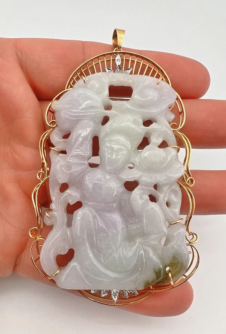 VTG 3.75" 14K YELLOW GOLD GREEN LAVENDER WHITE JADE GUAN YIN DIAMOND PENDANT 57G (1 of 2)