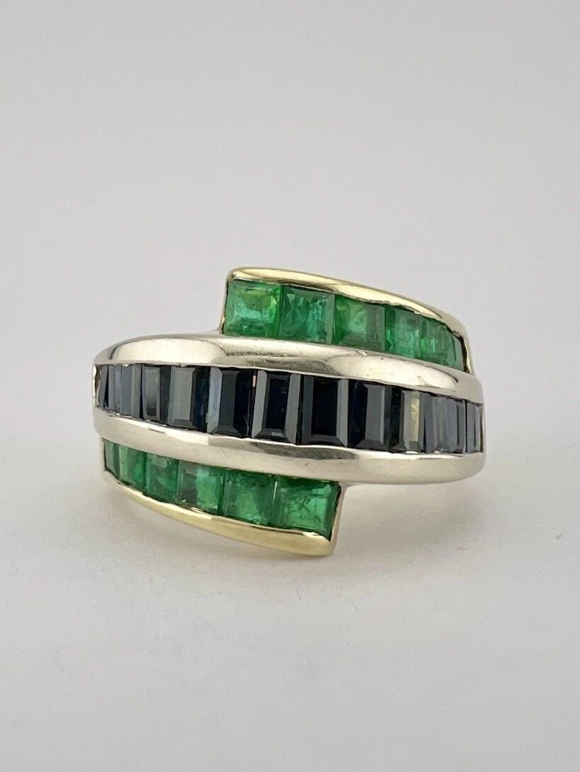 14K YELLOW GOLD EMERALD & SAPPHIRE BAGUETTE PRINCESS CUT CHANNEL SET BYPASS RING (1 of 2)