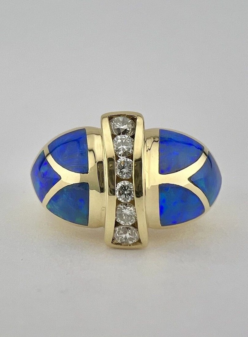 BAGLEY & HOTCHKISS 18K YELLOW GOLD BLACK OPAL INLAY & DIAMOND RING 12.5G: BAGLEY & HOTCHKISS 18K YELLOW GOLD BLACK OPAL INLAY & DIAMOND RING 12.5G Bagley & Hotchkiss 18K Yellow Gold Black Opal Inlay & Diamond Ring 12.5g Ring Size: 5.75 - Can Be Resized Metal: 18k Yellow Gol