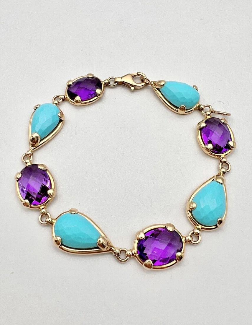 DESIGNER 14K YELLOW GOLD BRIOLETTE AMETHYST & PERSIAN TURQUOISE TENNIS BRACELET: DESIGNER 14K YELLOW GOLD BRIOLETTE AMETHYST & PERSIAN TURQUOISE TENNIS BRACELET Designer 14k Yellow Gold Briolette Amethyst & Persian Turquoise Tennis Bracelet Metal: 14k Yellow Gold - Hallmarked Size