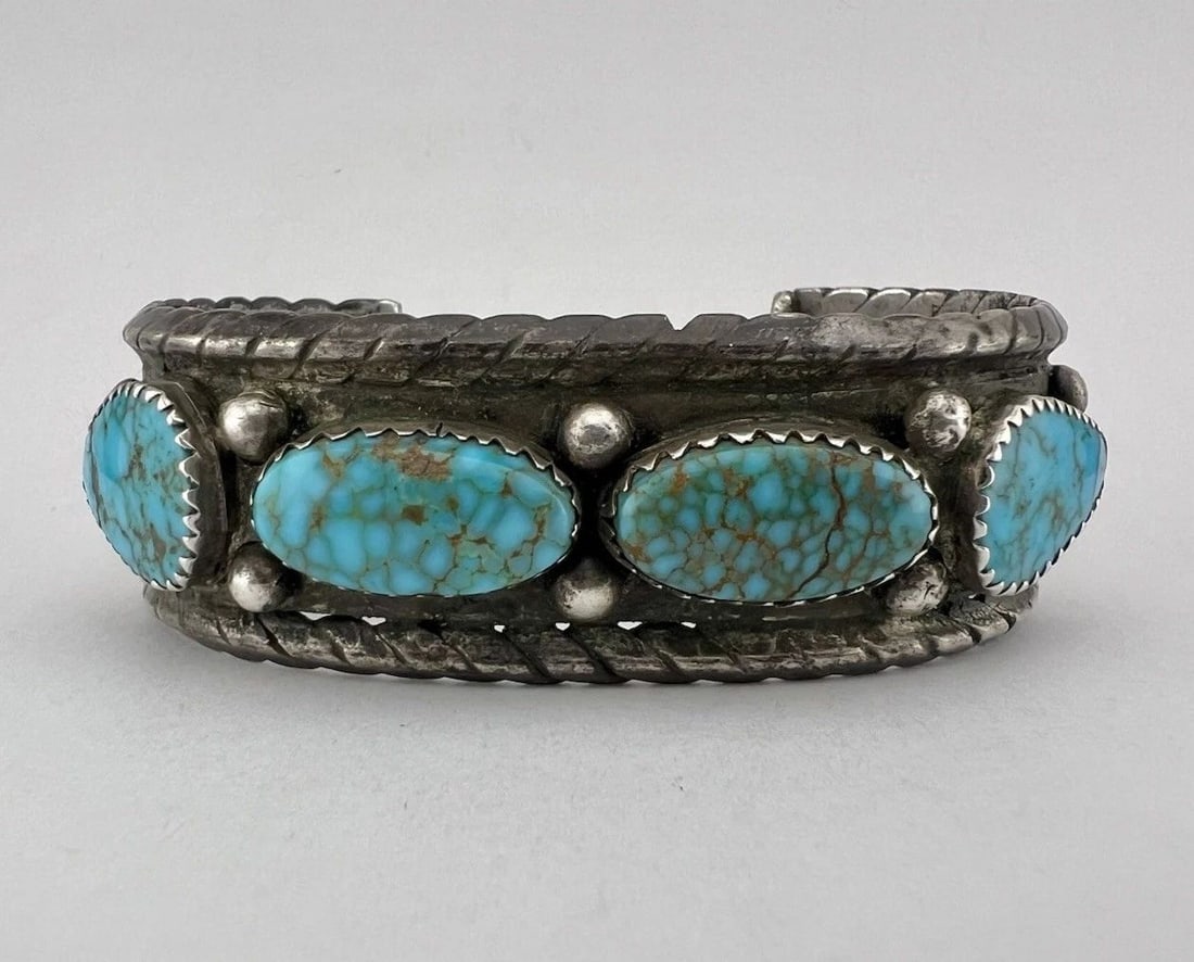 OLD 1930'S NAVAJO INGOT COIN SILVER WEBBED TURQUOISE STAMPED CUFF BRACELET 80.6G (1 of 2)