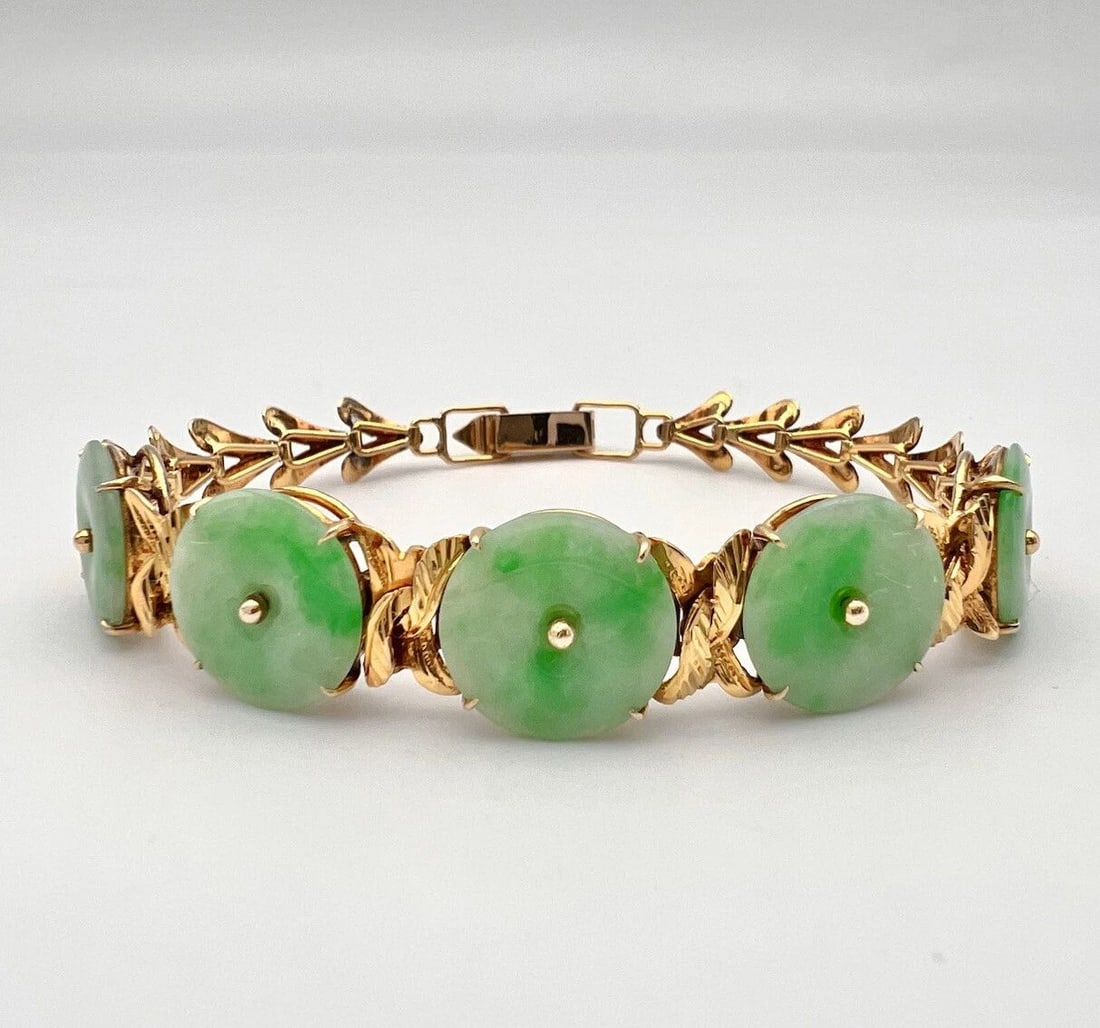 ANTIQUE CHINESE 14K YELLOW GOLD NATURAL GREEN APPLE JADE DISK BRACELET 14.2G (1 of 2)