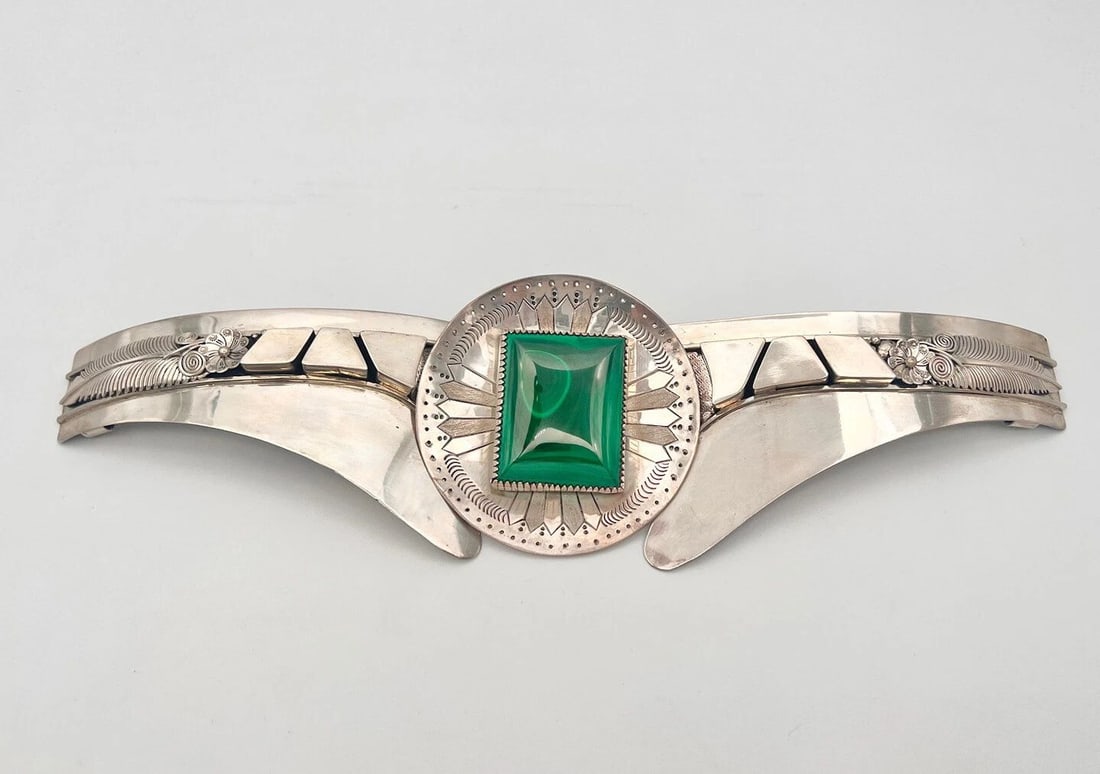 404G MASSIVE 15" NAVAJO ANDY MARION STERLING SILVER MALACHITE SHIELD BELT BUCKLE (1 of 2)
