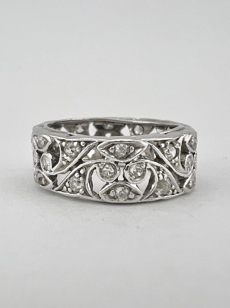 ANTIQUE ART DECO PLATINUM OLD ROSE CUT DIAMOND ETERNITY FILIGREE WIDE BAND RING (1 of 2)