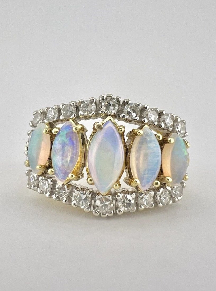 CASBAH 18K YELLOW GOLD MARQUISE CUT AUSTRALIAN FIRE OPAL & DIAMOND HALO RING (1 of 2)