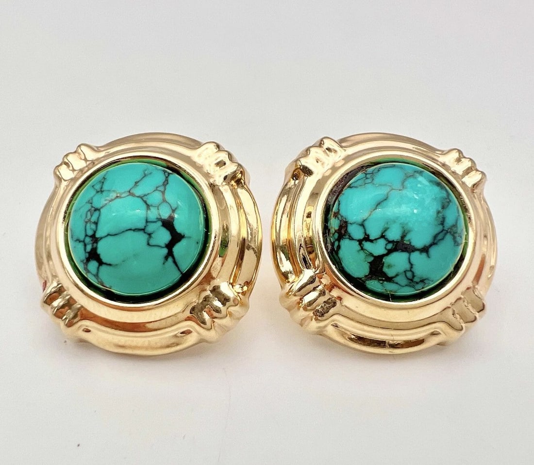 DESIGNER 14K YELLOW GOLD SPIDERWEB TURQUOISE OMEGA BACK POST EARRINGS 13.5G: DESIGNER 14K YELLOW GOLD SPIDERWEB TURQUOISE OMEGA BACK POST EARRINGS 13.5G Designer 14k Yellow Gold Spiderweb Turquoise Omega Back Post Earrings 13.5g Size: 1 1/8" Tall & Wide Metal: 14k Yellow Gold 