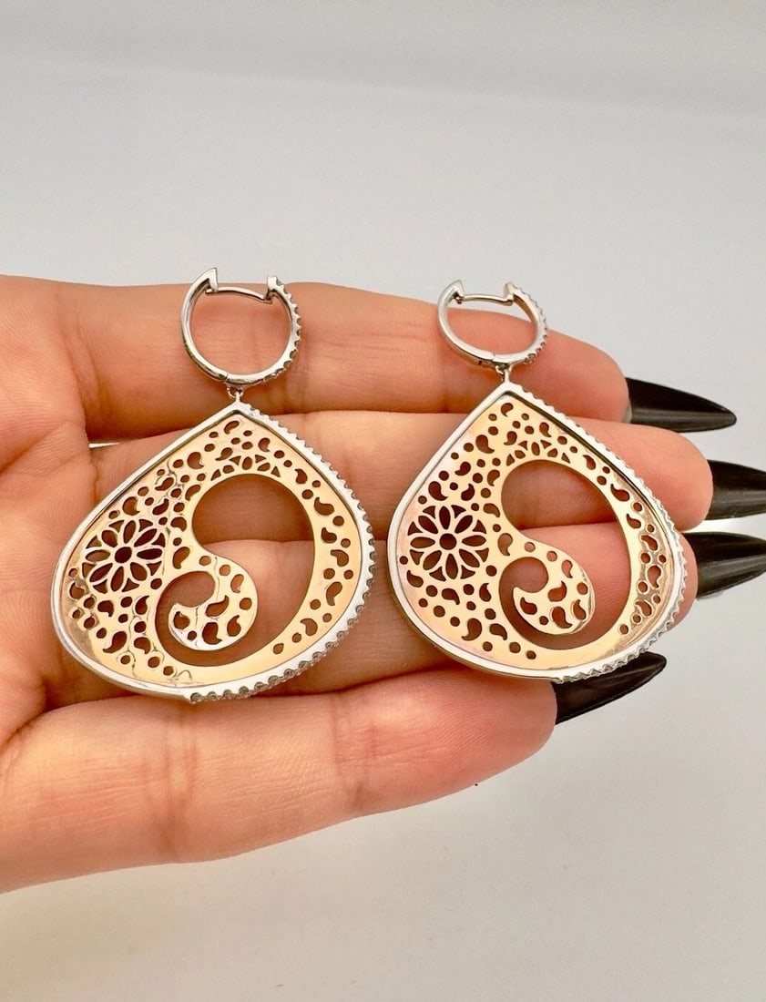 DESIGNER 14K WHITE & ROSE GOLD PAVE DIAMOND FILIGREE POST DANGLE EARRINGS (1 of 2)