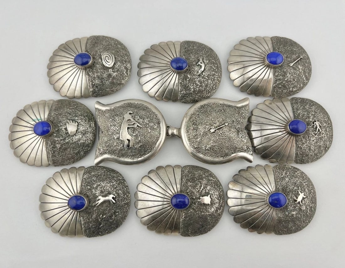 FOSTER YAZZIE NAVAJO STERLING SILVER LAPIS LAZULI PETROGLYPH CONCHO BELT 376.5G (1 of 2)