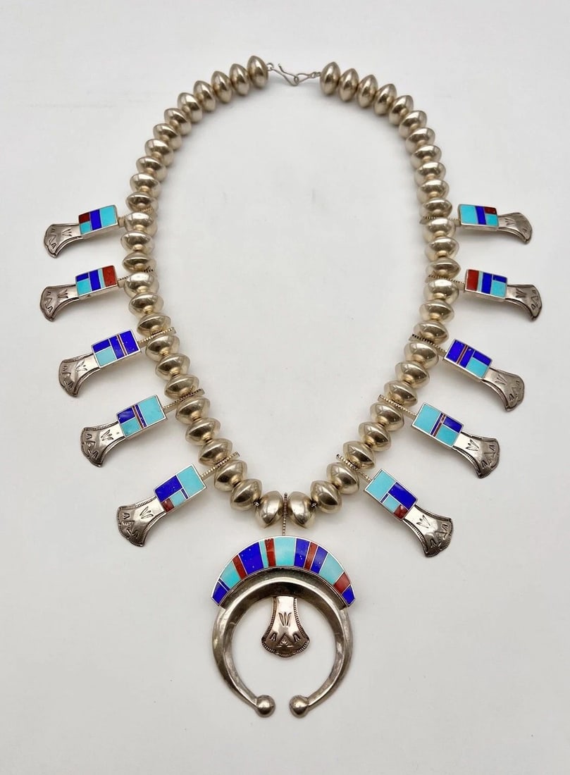 322.3G NAVAJO STERLING SILVER TURQUOISE CORAL INLAY SQUASH BLOSSOM NECKLACE 26" (1 of 2)