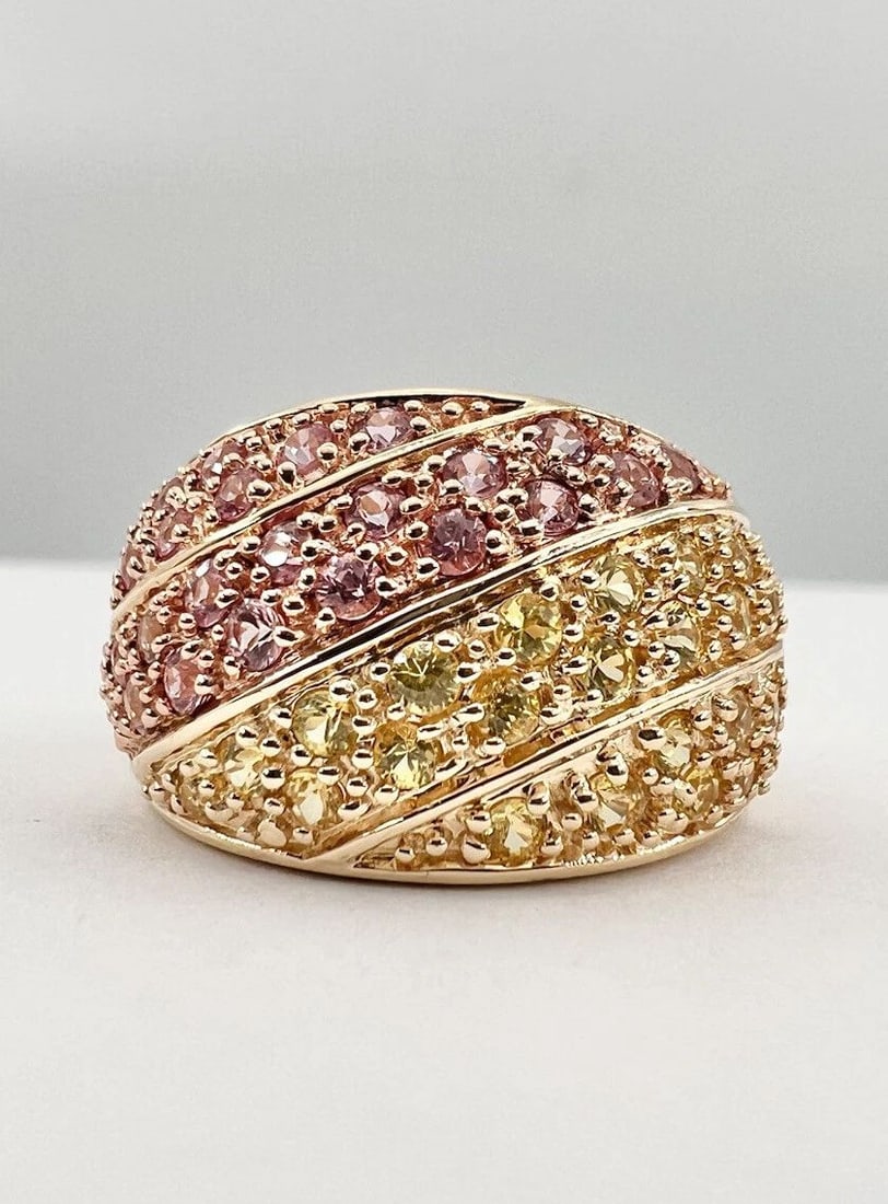 DESIGNER NTF 14K YELLOW GOLD 2.25TCW PAVE' PINK & YELLOW SAPPHIRE 15MM DOME RING: DESIGNER NTF 14K YELLOW GOLD 2.25TCW PAVE' PINK & YELLOW SAPPHIRE 15MM DOME RING Designer NTF 14K Yellow Gold 2.25tcw Pave' Pink & Yellow Sapphire 15mm Dome Cluster Ring Size: 7.75 Can be Resized With