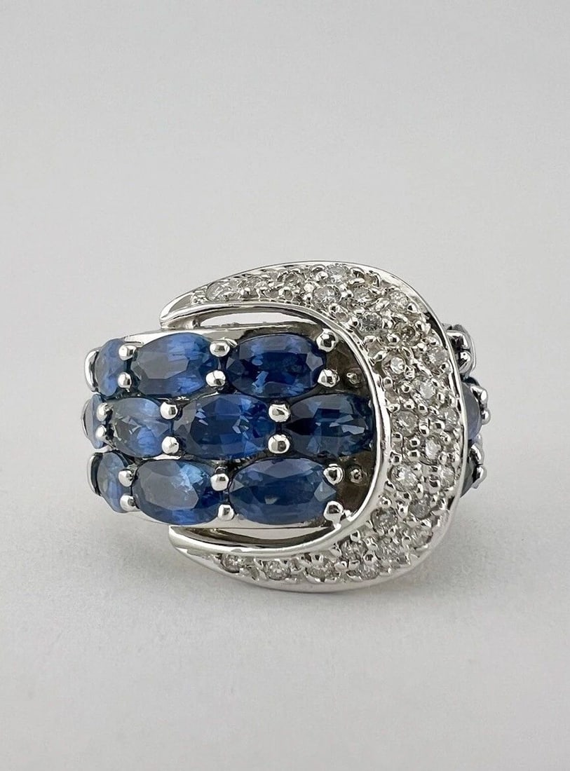 SONIA BITTON 14K WHITE GOLD NATURAL DIAMOND & SAPPHIRE BELT RING: SONIA BITTON 14K WHITE GOLD NATURAL DIAMOND & SAPPHIRE BELT RING Sonia Bitton 14K White Gold Natural Diamond & Sapphire Belt Ring Size: 5.75 - Can Be Sized Without Damaging Weight is 12.1 Grams on My 