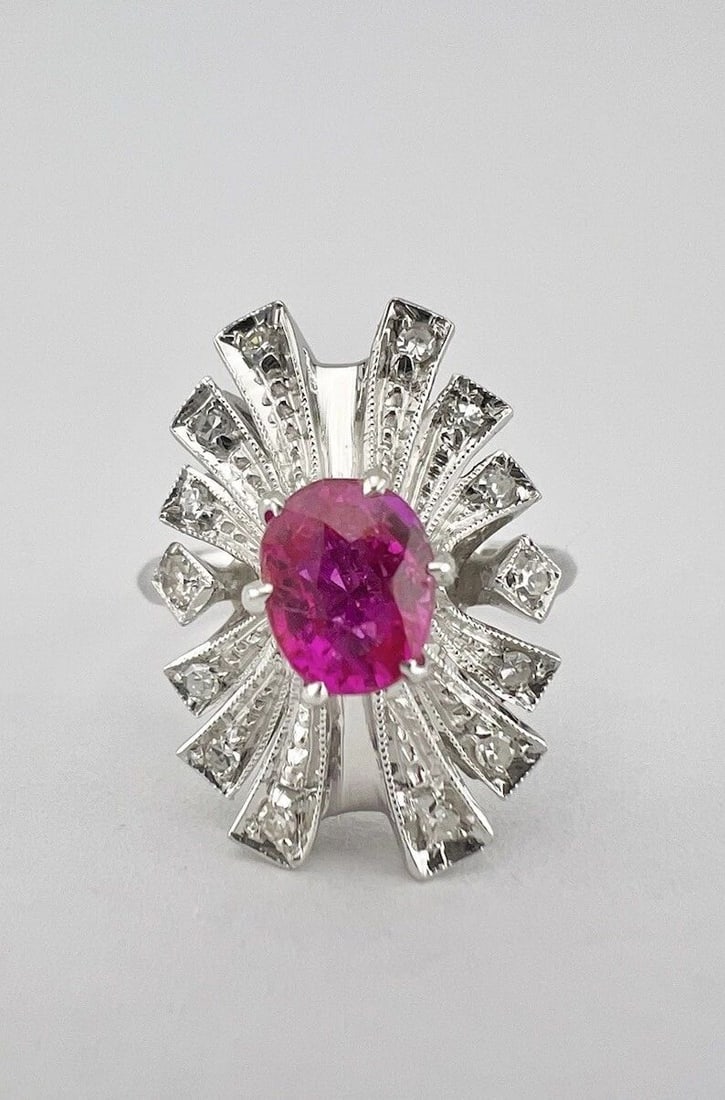 ART DECO 18K WHITE GOLD BURMESE PINK RUBY & OLD CUT ROUND DIAMOND BALLERINA RING (1 of 2)