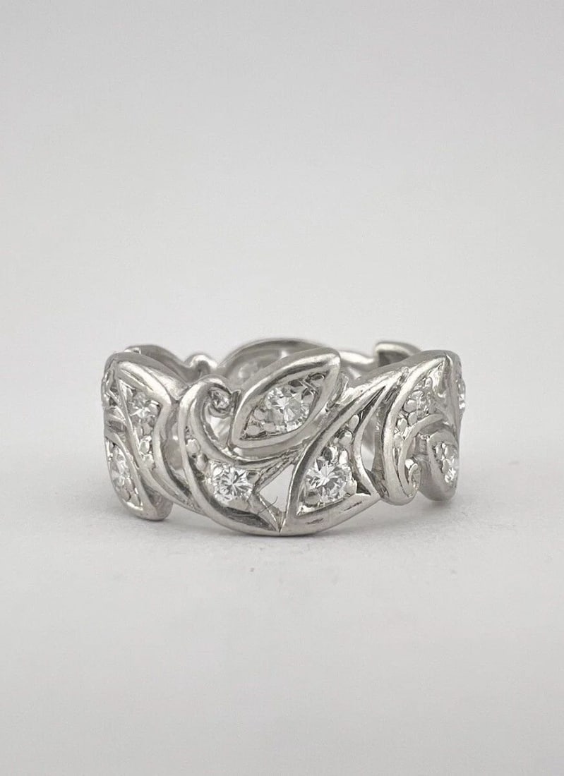 ANTIQUE ART NOUVEAU PLATINUM OLD ROSE CUT DIAMOND ETERNITY FILIGREE BAND RING (1 of 2)