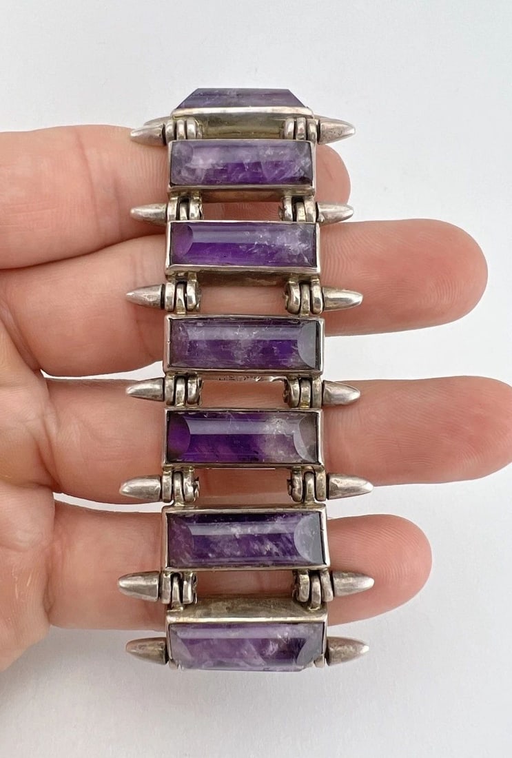 ANTONIO PINEDA TAXCO MEXICO 970 SILVER AMETHYST MODERNIST SPIKE BRACELET -118.8G (1 of 2)