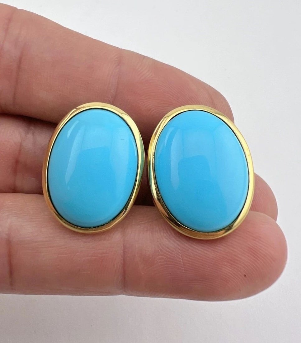 FINE 18K YELLOW GOLD SLEEPING BEAUTY TURQUOISE OMEGA BACK POST EARRINGS 14.2G: FINE 18K YELLOW GOLD SLEEPING BEAUTY TURQUOISE OMEGA BACK POST EARRINGS 14.2G Fine 18k Yellow Gold Sleeping Beauty Turquoise Omega Back Post Earrings 14.2g Size: 7/8" Tall & Just Under 3/4" Wide Metal