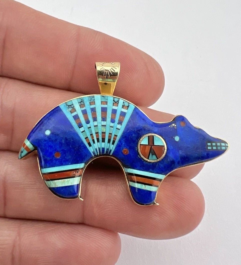#2 VTG NAVAJO 14K YELLOW GOLD NATURAL MULTI GEMSTONE MICRO MOSAIC BEAR PENDANT (1 of 2)
