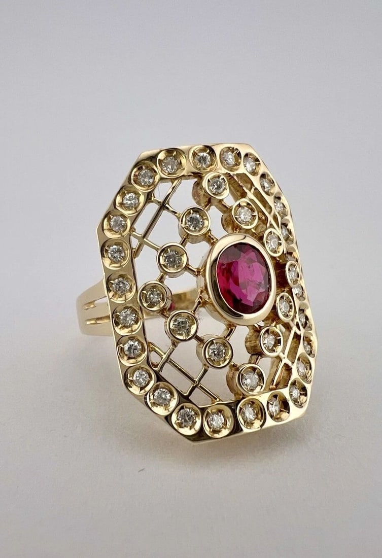 ANTIQUE ART DECO 14K YELLOW GOLD NATURAL OVAL RUBY & DIAMOND LACE DESIGN RING (1 of 2)