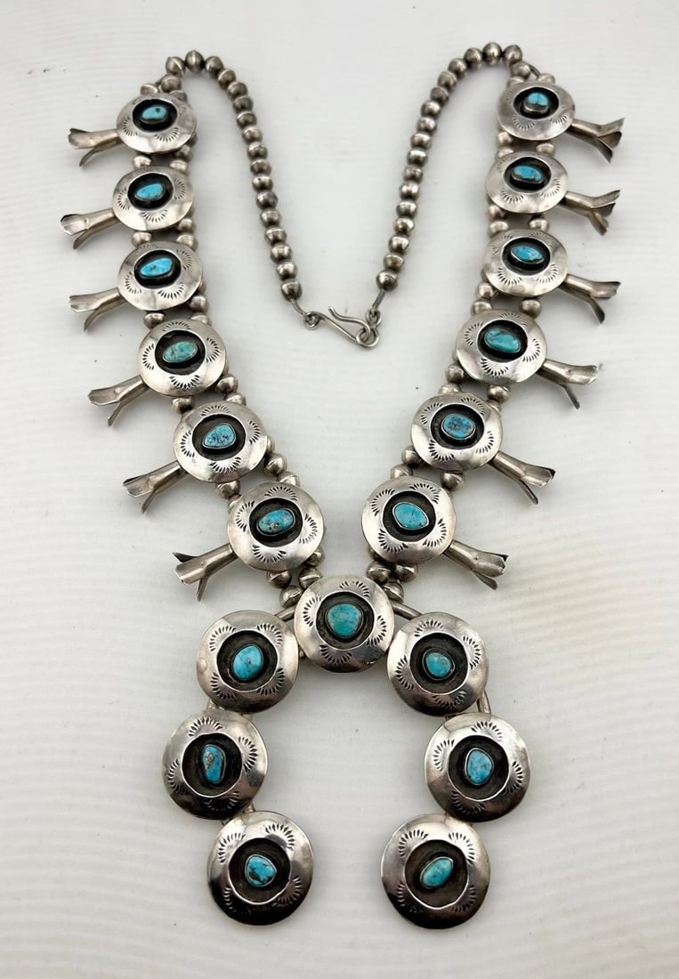 228.8G VTG NAVAJO STERLING TURQUOISE SHADOWBOX SQUASH BLOSSOM NECKLACE 28.5" (1 of 2)