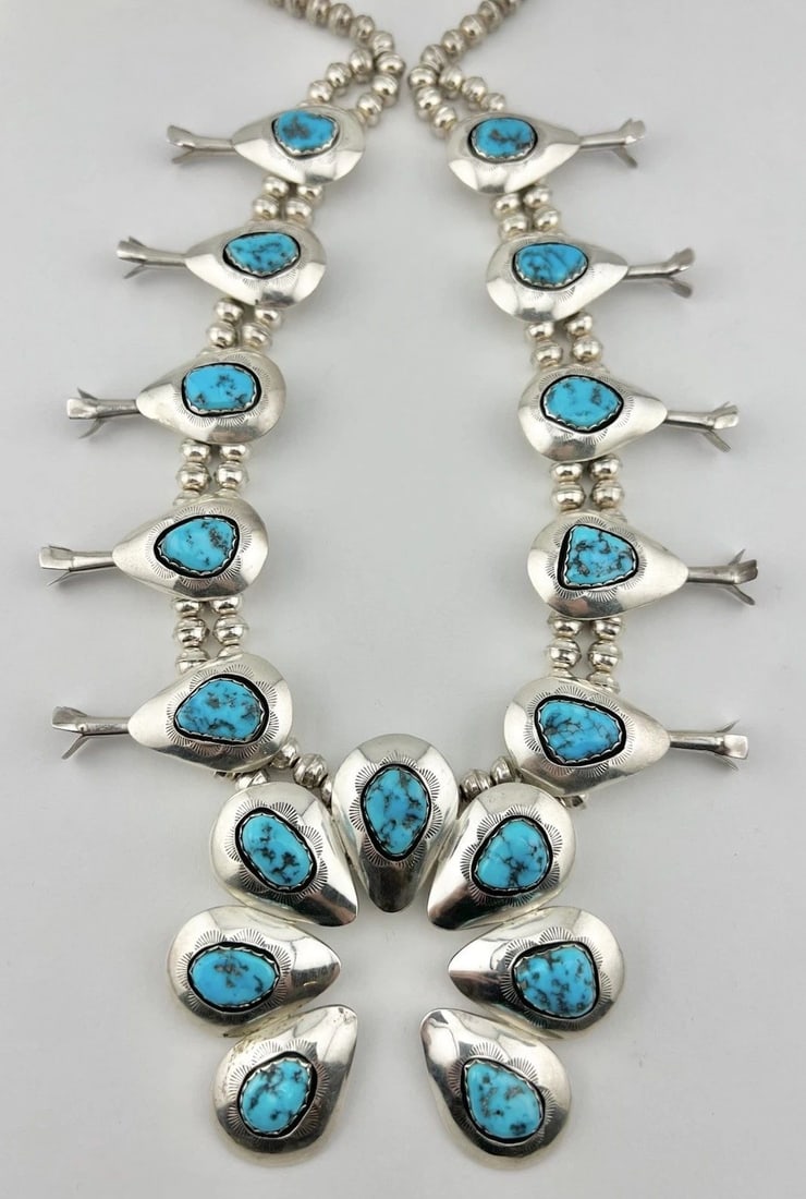 NAVAJO STERLING SLEEPING BEAUTY TURQUOISE SHADOWBOX SQUASH BLOSSOM NECKLACE 25" (1 of 2)