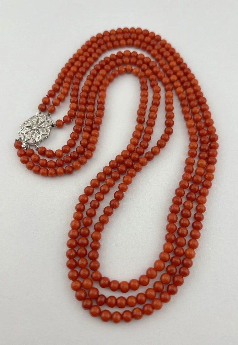FINE 14K WHITE GOLD MEDITERRANEAN UNDYED RED CORAL & DIAMOND 3 STRAND NECKLACE: FINE 14K WHITE GOLD MEDITERRANEAN UNDYED RED CORAL & DIAMOND 3 STRAND NECKLACE Fine Designer 14k White Gold Mediterranean Undyed Red Coral & Diamond 3 Strand Necklace Amazing Natural Mediterranean Und