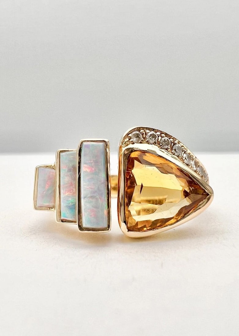 VTG NAVAJO 14K YELLOW GOLD FIRE OPAL INLAY DIAMOND CITRINE TENSION RING (1 of 2)