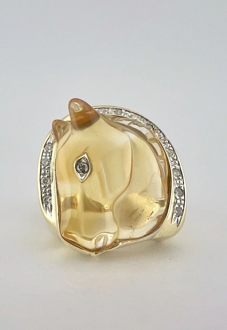 14K YELLOW GOLD CARVED CITRINE HORSE & DIAMOND EQUESTRIAN HORSESHOE RING - 14.2G (1 of 2)