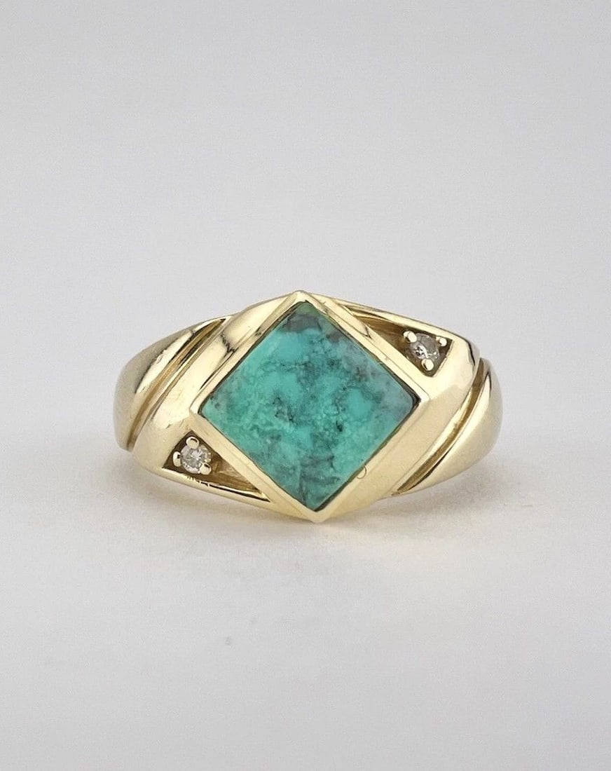 VINTAGE 14K YELLOW GOLD NATURAL TURQUOISE & DIAMOND SOLID MEN'S RING 9.4G (1 of 2)