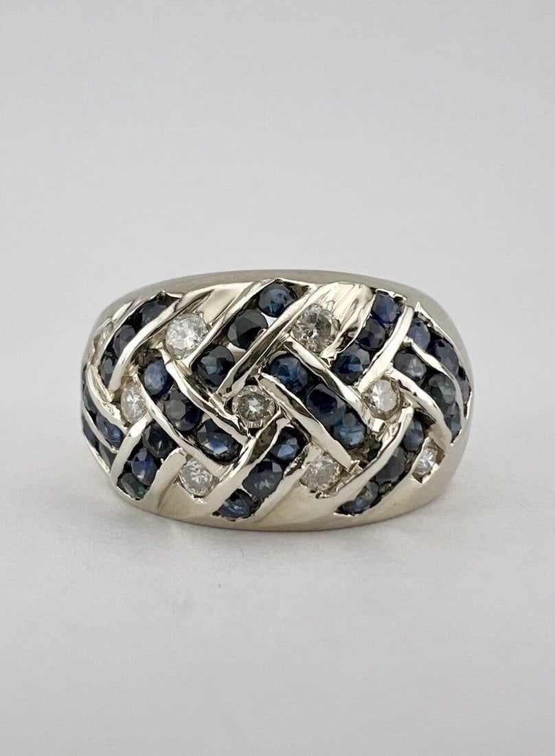 DESIGNER 14K WHITE GOLD CHANNEL SET SAPPHIRE & DIAMOND WOVEN DESIGN DOME RING (1 of 2)