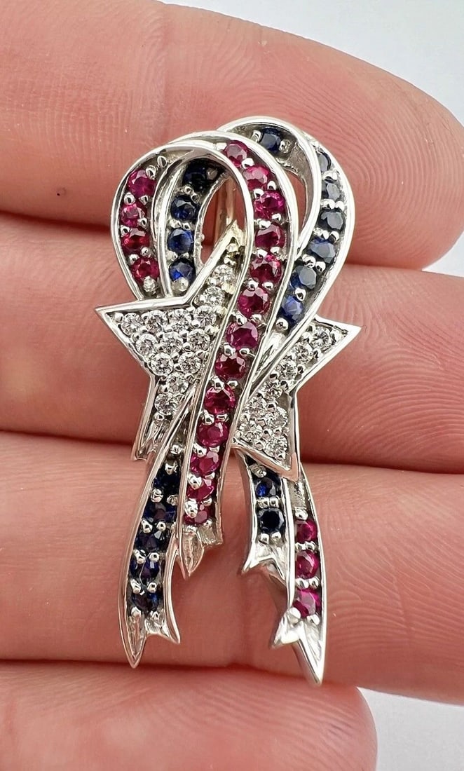 DESIGNER A. JAFFE 18K WHITE GOLD DIAMOND & RUBY & SAPPHIRE STAR RIBBON PENDANT (1 of 2)