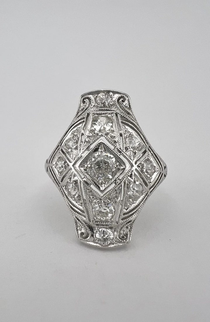 ANTIQUE ART DECO PLATINUM & OLD MINE CUT DIAMOND ENGRAVED FILIGREE RING: ANTIQUE ART DECO PLATINUM & OLD MINE CUT DIAMOND ENGRAVED FILIGREE RING Antique Art Deco Platinum & Old Mine Cut Diamond Engraved Filigree Ring Ring Size: 7.5 - Can Be Sized Without Damaging Weight is