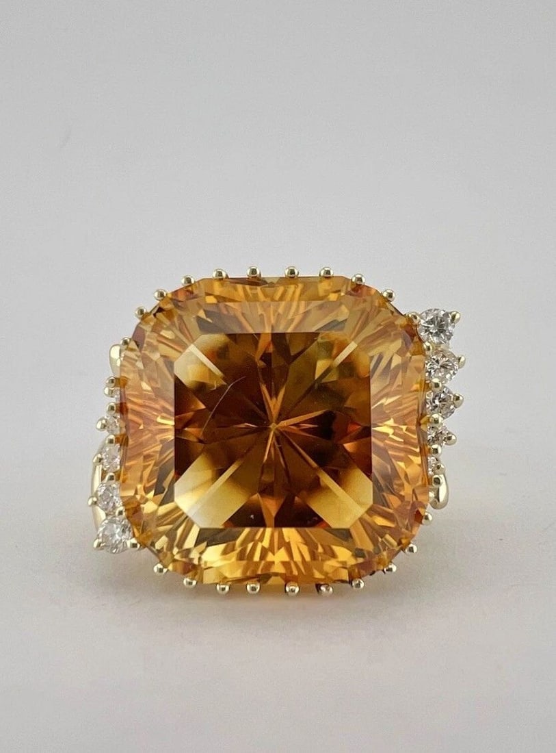 HUGE DESIGNER 14K YELLOW GOLD 26CT FANCY CUT ASSCHER CUT CITRINE & DIAMOND RING: HUGE DESIGNER 14K YELLOW GOLD 26CT FANCY CUT ASSCHER CUT CITRINE & DIAMOND RING HUGE Designer 14K Yellow Gold 26ct Fancy Cut Asscher Cut Citrine & Diamond Ring Size: 8.25- Can be Resized With Out Dama