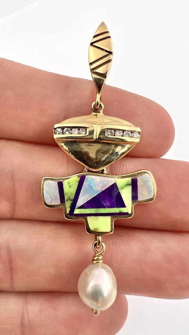 THANE DELEON 14K YELLOW GOLD TURQUOISE SUGILITE OPAL DIAMOND PEARL YEI PENDANT (1 of 2)