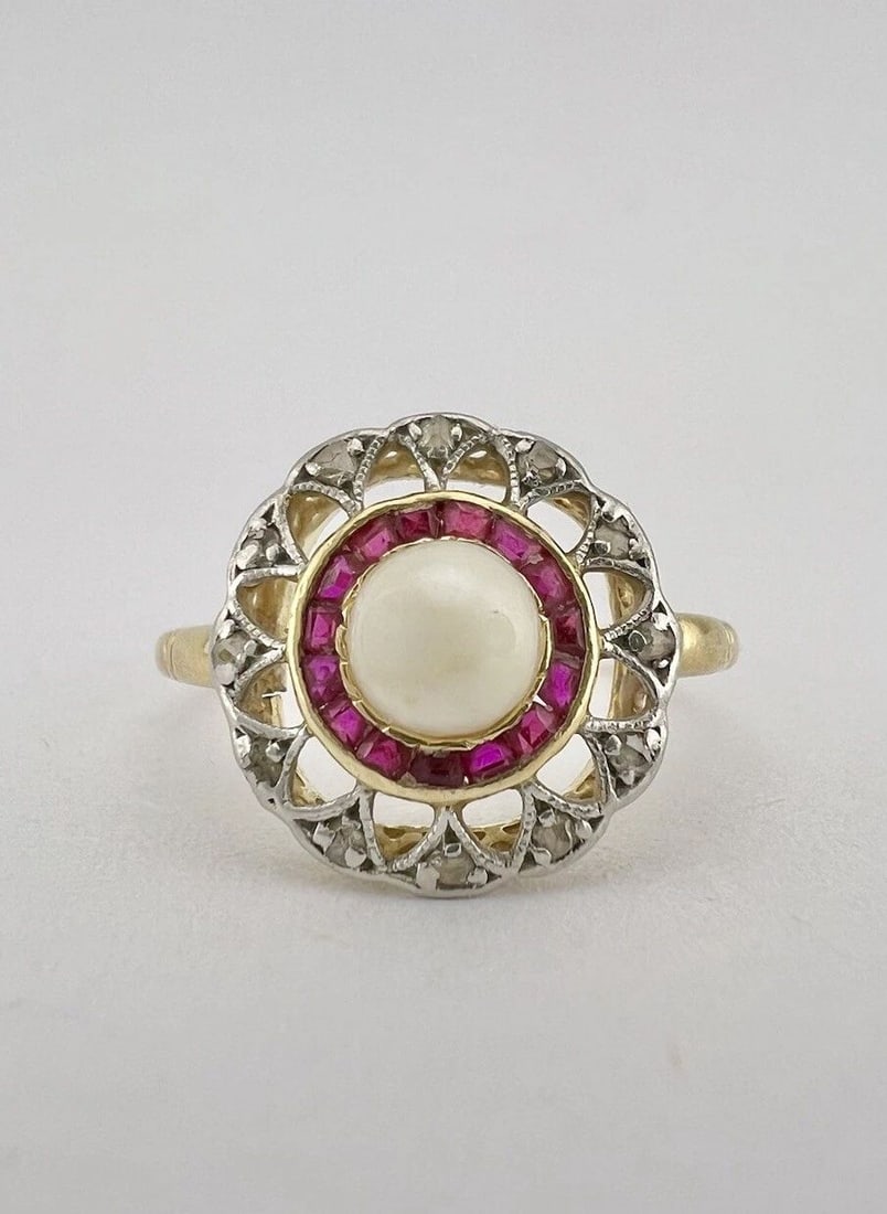 ANTIQUE VICTORIAN 18K GOLD PLATINUM PEARL & RUBY & OLD CUT DIAMOND HALO RING (1 of 2)