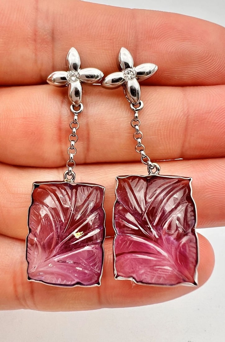 DESIGNER 14K WHITE GOLD DIAMOND & CARVED AMETHYST DANGLE FLOWER EARRINGS 13.2G (1 of 2)