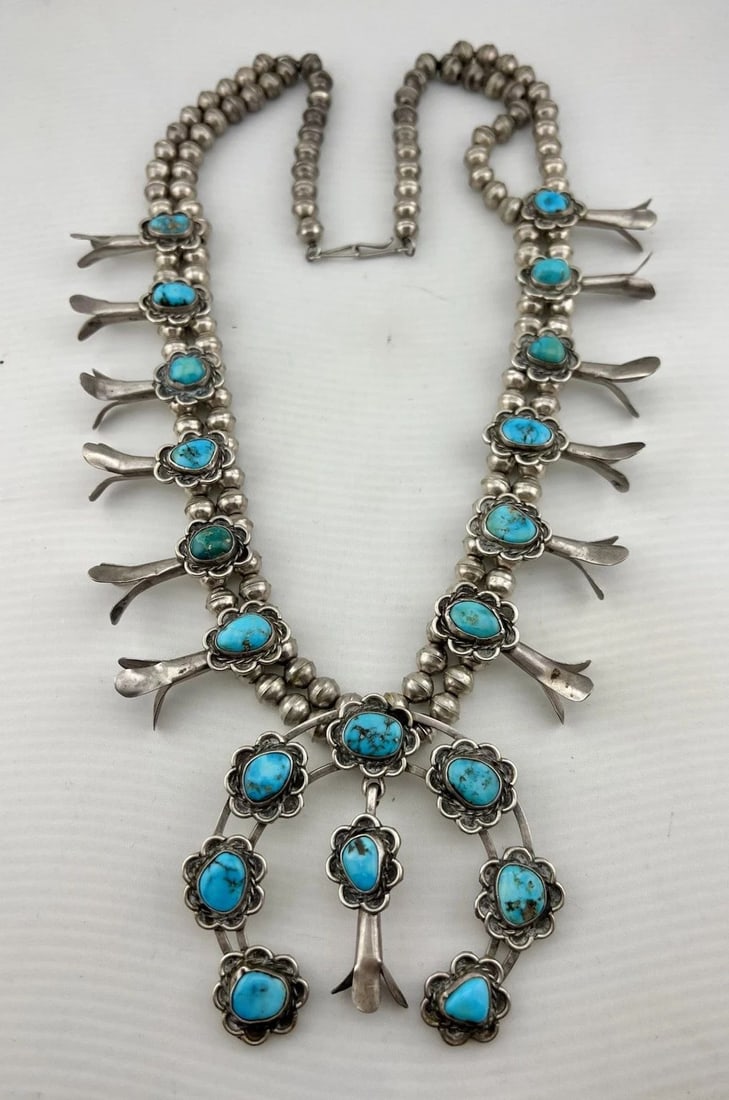 VTG NAVAJO STERLING SILVER ROYSTON TURQUOISE SQUASH BLOSSOM NECKLACE 194G -28" (1 of 2)