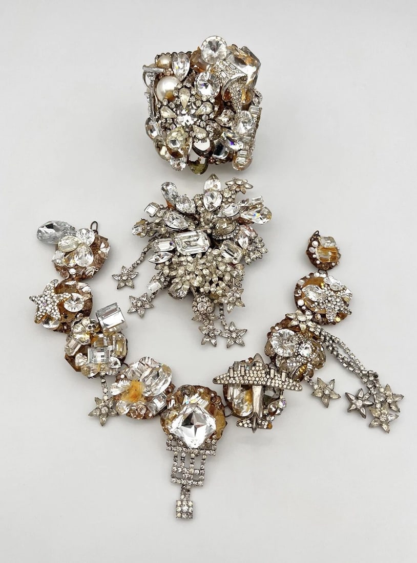 MASSIVE RARE 1986 WENDY GELL RHINESTONE CUFF BRACELET NECKLACE PIN BROOCH SET (1 of 2)