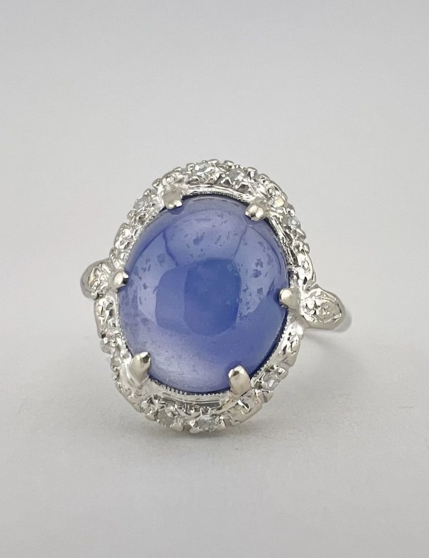 ANTIQUE ART DECO 14K WHITE GOLD OLD CUT DIAMOND & BLUE STAR SAPPHIRE RING (1 of 2)