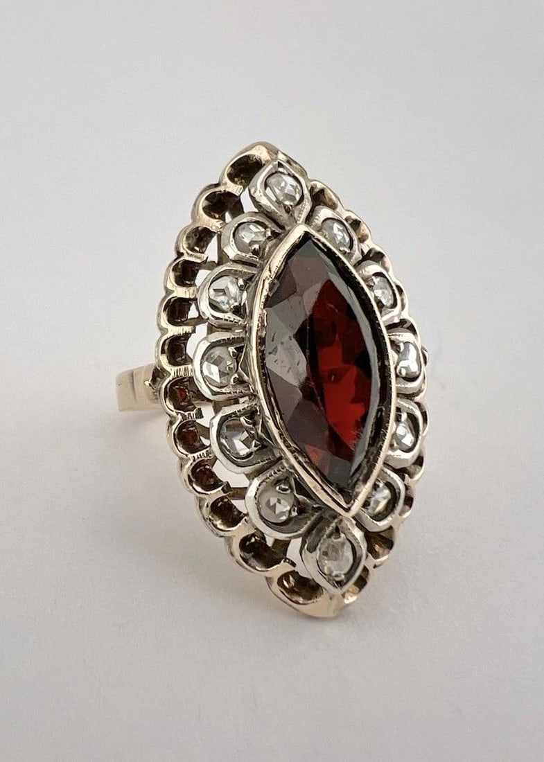 ANTIQUE VICTORIAN ETRUSCAN 14K ROSE GOLD MARQUISE GARNET & ROSE CUT DIAMOND RING: ANTIQUE VICTORIAN ETRUSCAN 14K ROSE GOLD MARQUISE GARNET & ROSE CUT DIAMOND RING Antique Victorian Etruscan 14k Rose Gold Marquise Garnet & Rose Cut Diamond Ring Ring Size: 5 - Can be Resized Weight i