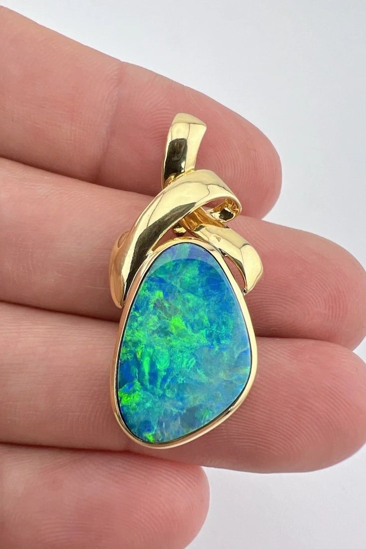 DESIGNER 18K YELLOW GOLD AUSTRALIAN FIRE BOULDER OPAL ENHANCER PENDANT 1.5" -7G: DESIGNER 18K YELLOW GOLD AUSTRALIAN FIRE BOULDER OPAL ENHANCER PENDANT 1.5" -7G Designer 18k Yellow Gold Australian Fire Boulder Opal Enhancer Pendant 1.5" -7g Size: 1 1/2" Tall With Bail by Just Unde